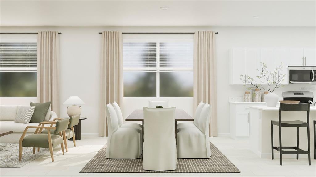 This is a digital rendering of an open-concept living, dining, and kitchen area — 18237 PLEASANTVIEW BOULEVARD, LAND O LAKES, FL