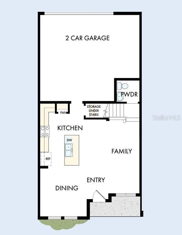 This is a floor plan of a home's ground level featuring a garage and kitchen — 3534 CASPIAN CHERVIL STREET, WESLEY CHAPEL, FL