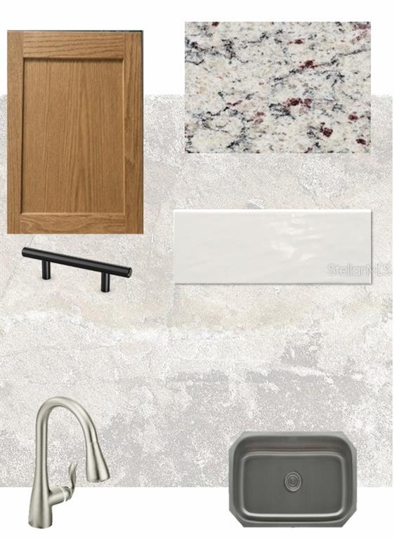 This design board displays kitchen finishes including wood cabinets, granite countertops, tile, and hardware — 3534 CASPIAN CHERVIL STREET, WESLEY CHAPEL, FL