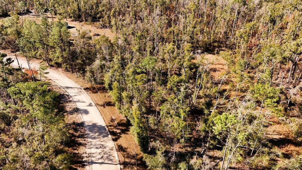 An aerial view shows a dirt road winding through a dense, wooded forest area — Lot 7 NW 27th Terrace, FL 32053, FL