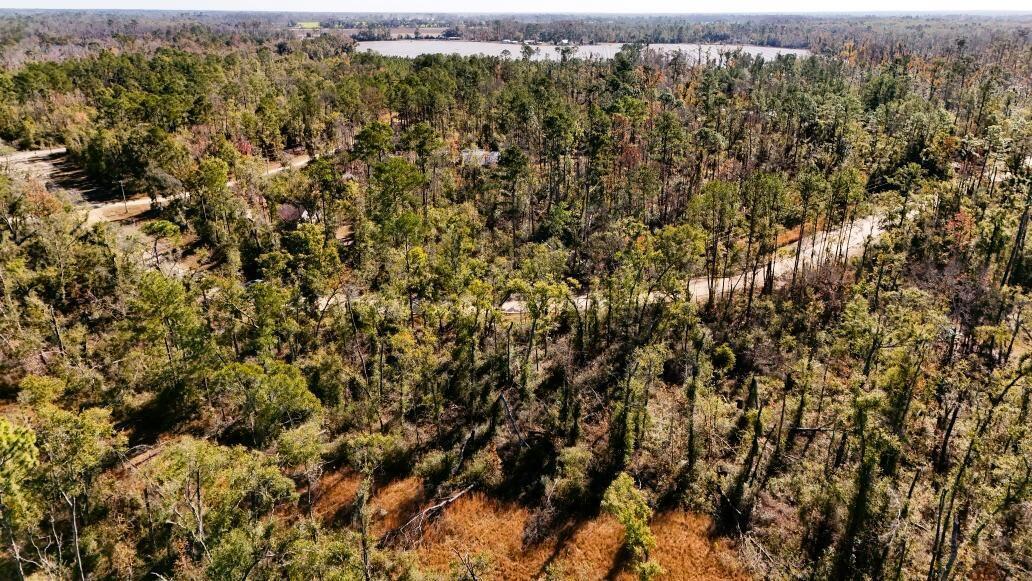 An aerial view shows a wooded lot with a dirt road and a distant lake — Lot 7 NW 27th Terrace, FL 32053, FL