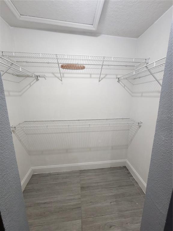 A walk-in closet features white wire shelving, gray wood-look tile flooring, and white walls — 2200 EL MARRA DRIVE, OCOEE, FL