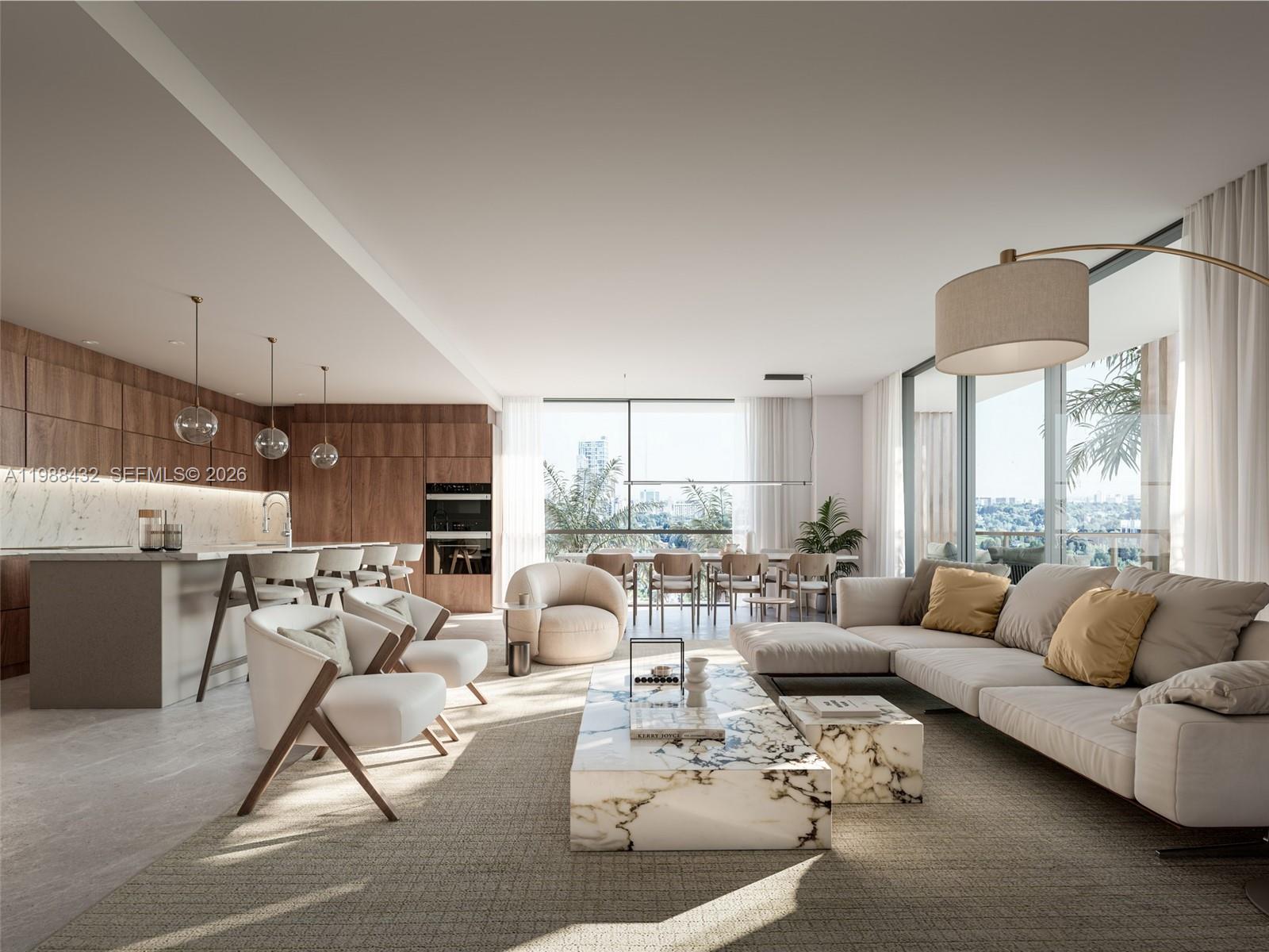 This rendering shows a modern open-concept living area with a kitchen, dining space, and balcony — 2650 Lincoln Ave # 407, Miami FL 33133, MIAMI, FL