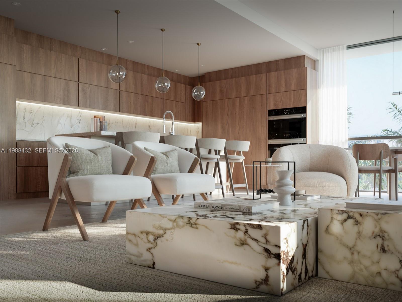This is a rendering of a modern kitchen and living area with marble coffee tables — 2650 Lincoln Ave # 407, Miami FL 33133, MIAMI, FL