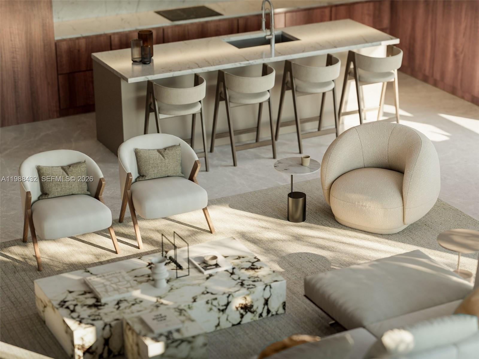 This rendering shows a modern open-concept kitchen and living area with marble surfaces — 2650 Lincoln Ave # 407, Miami FL 33133, MIAMI, FL