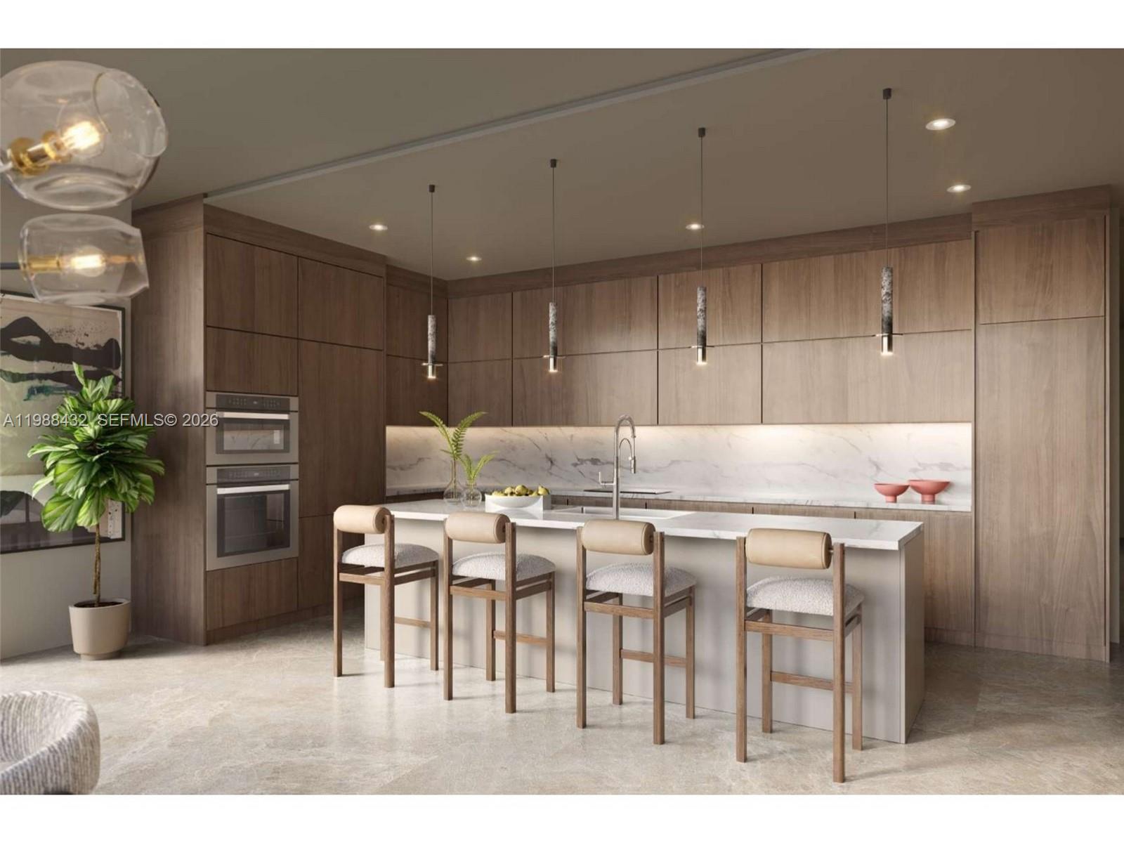 This rendering shows a modern kitchen with wood cabinetry, a marble island, and four barstools — 2650 Lincoln Ave # 407, Miami FL 33133, MIAMI, FL