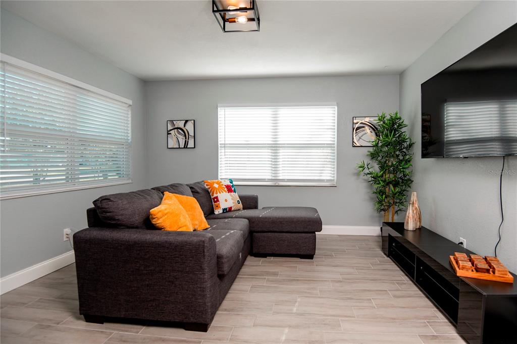 A living room features a gray sectional sofa, a television, and wood-look tile flooring — 3147 W CORDELIA STREET, TAMPA, FL