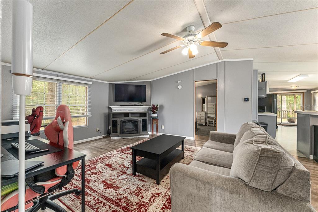 A living room features gray walls, a fireplace, a ceiling fan, and a gray sofa — 1504 NW 156TH AVENUE, GAINESVILLE, FL