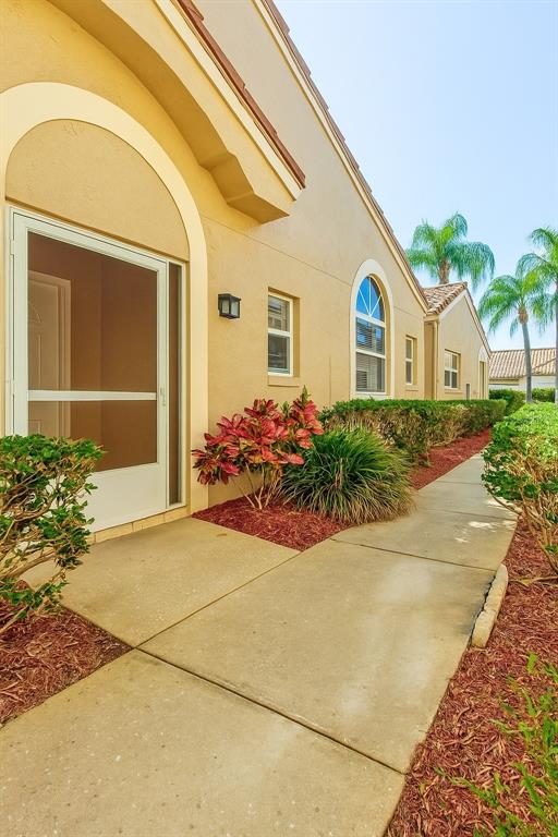 A concrete walkway leads to the front entrance of a tan stucco home with landscaping — 3867 DARSTON STREET, PALM HARBOR, FL