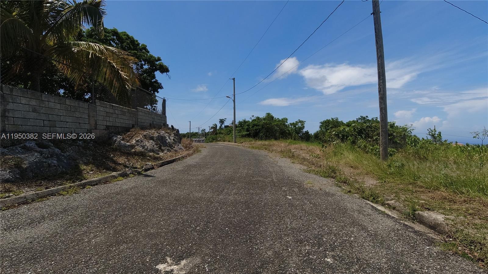 A narrow paved road winds past a stone wall and utility poles under a blue sky — minard penn PART OF MINARD PEN, JA, JA