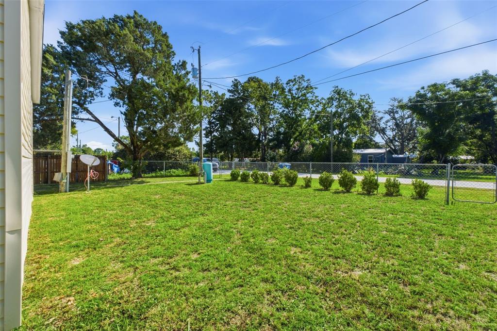A grassy backyard features a chain-link fence, a satellite dish, and several small shrubs — 4313 ORLANDO AVENUE, BROOKSVILLE, FL