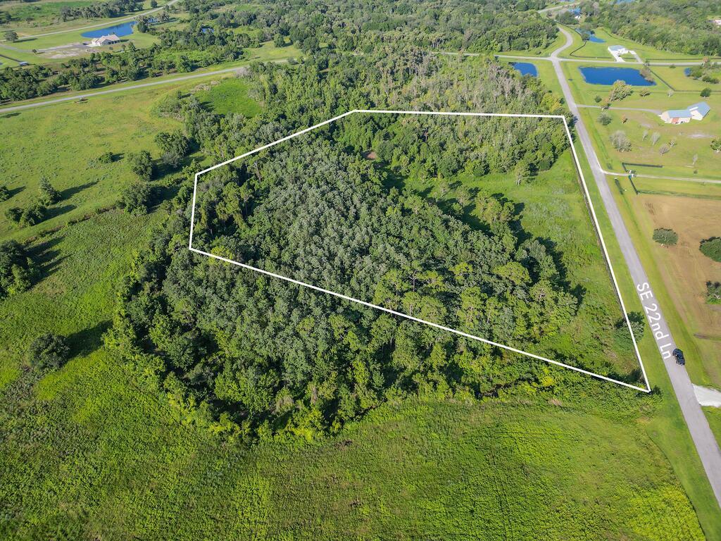 An aerial view shows a wooded lot outlined in white next to a paved road — 13520 SE 22nd Lane, Okeechobee FL 34974, OKEECHOBEE, FL