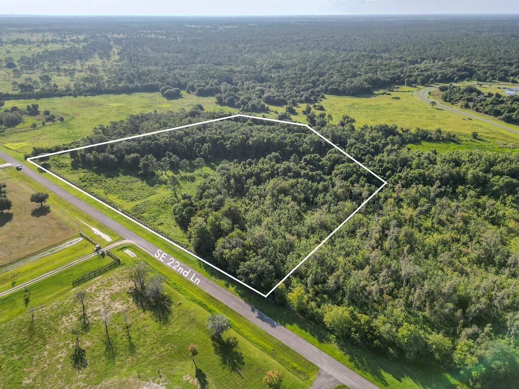 An aerial view shows a wooded, rectangular plot of land bordered by a paved road — 13520 SE 22nd Lane, Okeechobee FL 34974, OKEECHOBEE, FL