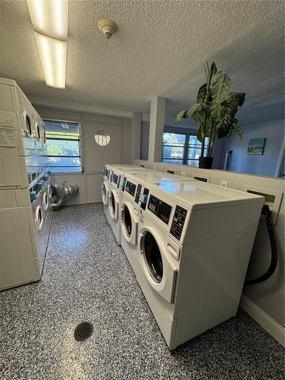 A laundry room features multiple white dryers, a speckled floor, and a potted plant — 3315 58TH AVENUE S UNIT 201, ST PETERSBURG, FL