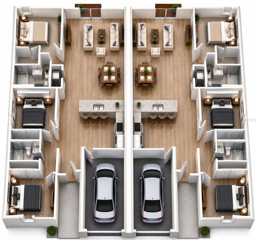 This is a 3D floor plan rendering of two identical side-by-side residential units — 10380 PORT EVERGLADES STREET, PORT CHARLOTTE, FL