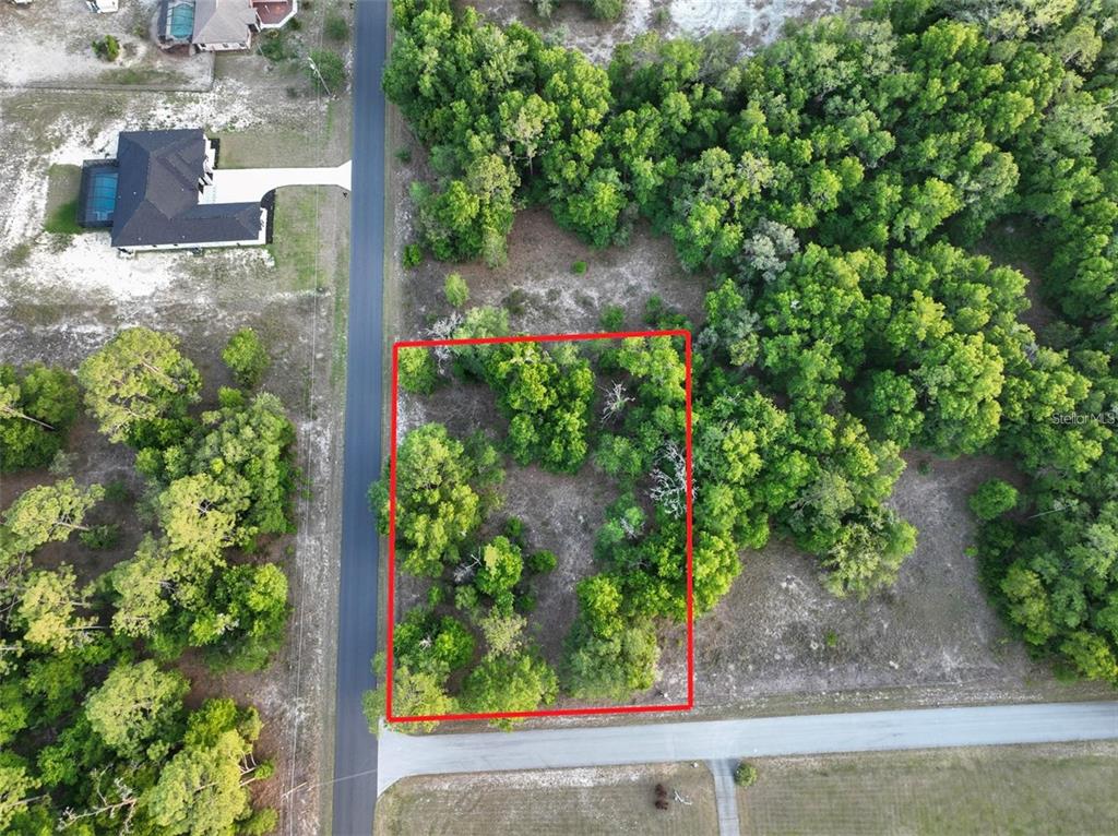 An aerial view shows a rectangular, wooded vacant lot outlined in red next to a road — SW NORTH BEACH ROAD UNIT 104, DUNNELLON, FL