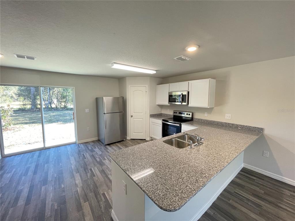 A kitchen with granite countertops, stainless steel appliances, and wood-look flooring opens to a patio — 1630 TENCH COURT, KISSIMMEE, FL