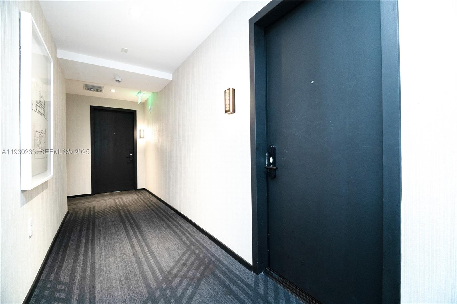 A hallway features dark doors, patterned gray carpeting, and light-colored textured walls — 398 NE 5th St # 2602, Miami FL 33132, MIAMI, FL