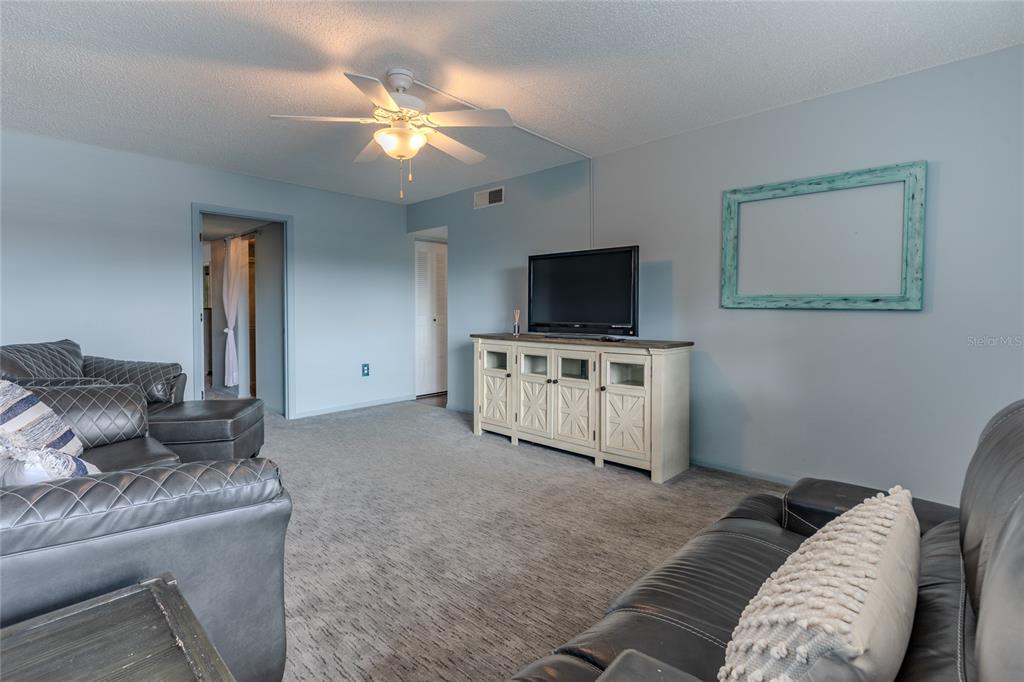 A living room features gray carpeting, light blue walls, a ceiling fan, and leather furniture — 305 30TH AVENUE W UNIT A208, BRADENTON, FL