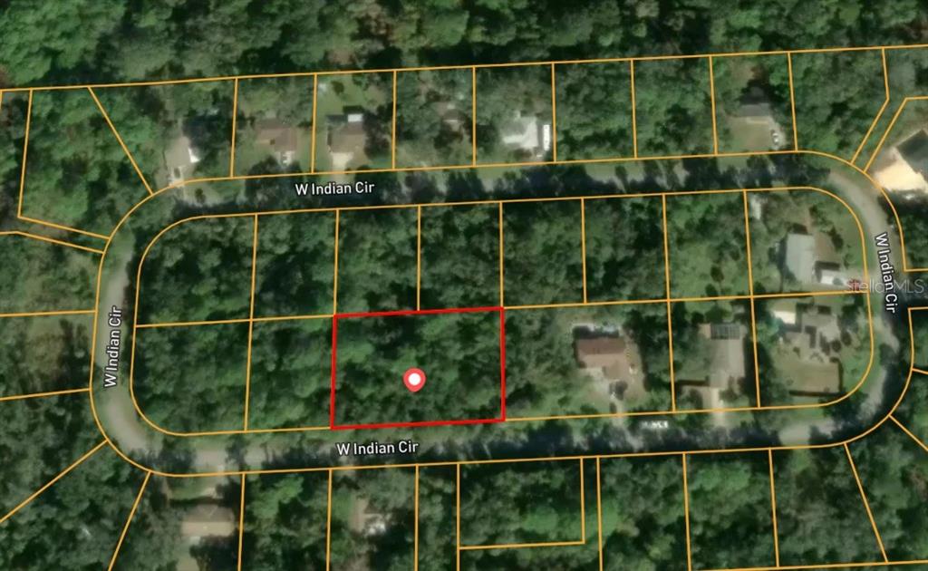 This is an aerial map showing a rectangular plot of land highlighted in red — 11640 W INDIAN CIRCLE, CRYSTAL RIVER, FL