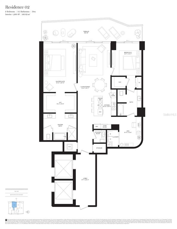 This is a floor plan for a two-bedroom residence with a den and a terrace — 3015 S YSABELLA AVENUE UNIT 1202, TAMPA, FL