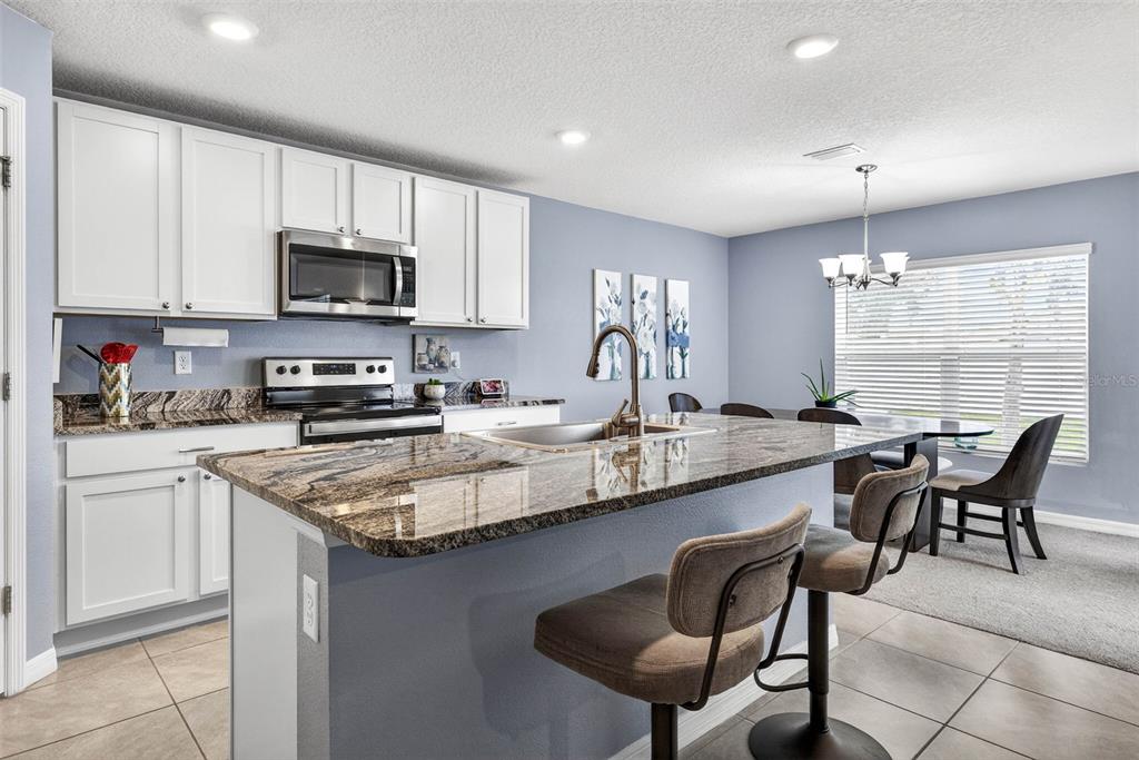 A kitchen island with granite countertops overlooks a living room and dining area — 13765 WHISKEY DAISY DRIVE, DADE CITY, FL