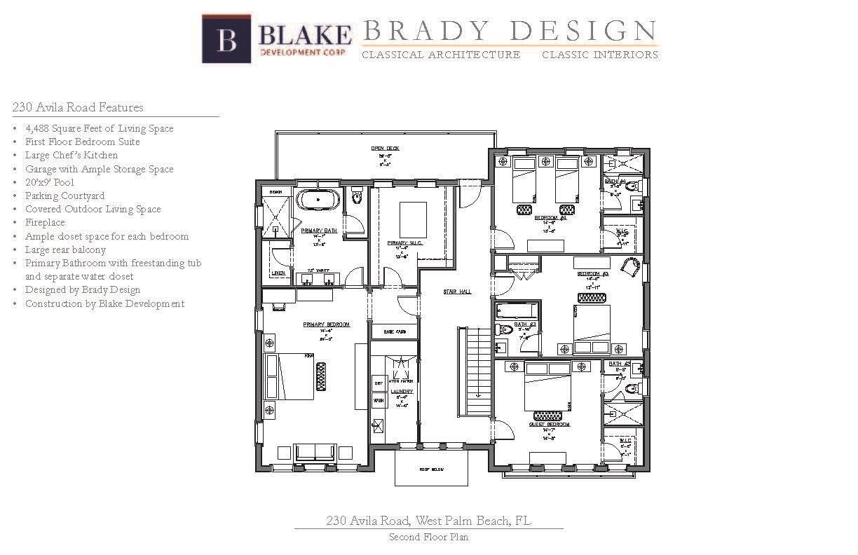 This floor plan shows the second level of a house with four bedrooms and bathrooms — 230 Avila Road, West Palm Beach FL 33405, WEST PALM BEACH, FL