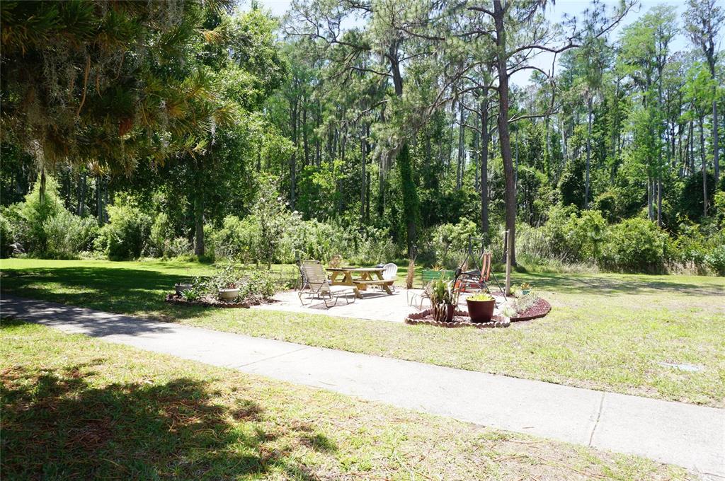 A paved patio with outdoor furniture sits in a grassy yard surrounded by dense trees — 1775 CUPECOY CIRCLE UNIT O6, LUTZ, FL