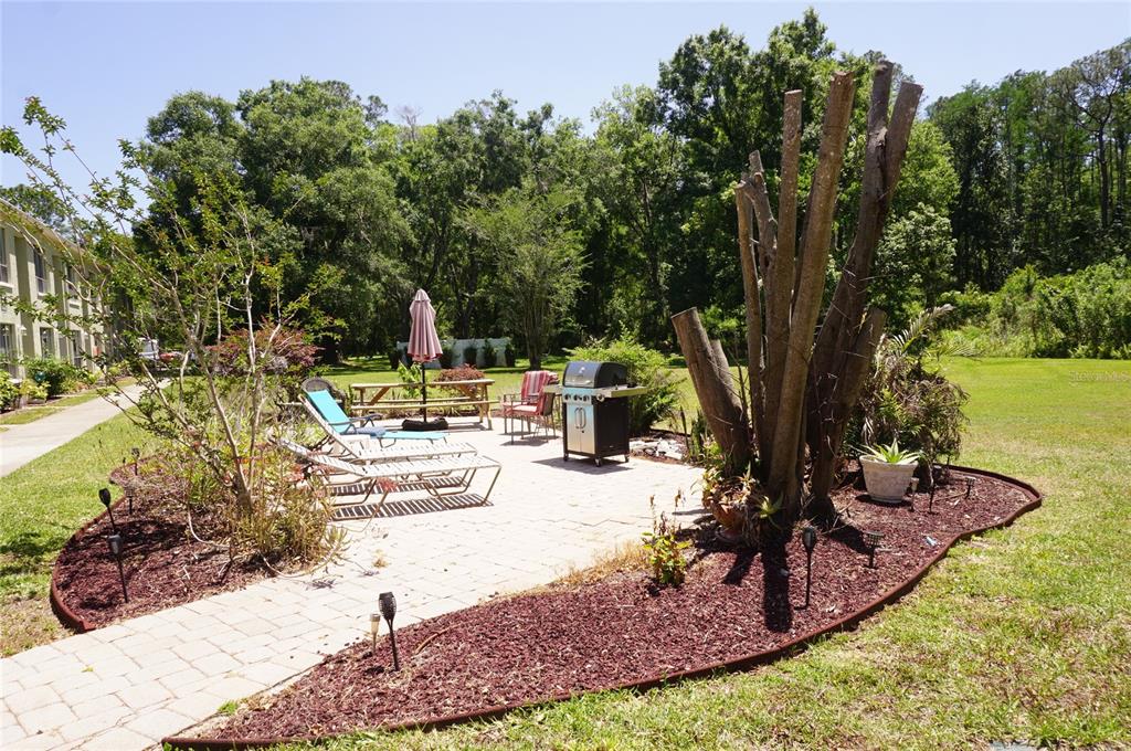 A paved patio features lounge chairs, a picnic table, a grill, and a large tree stump — 1775 CUPECOY CIRCLE UNIT O6, LUTZ, FL