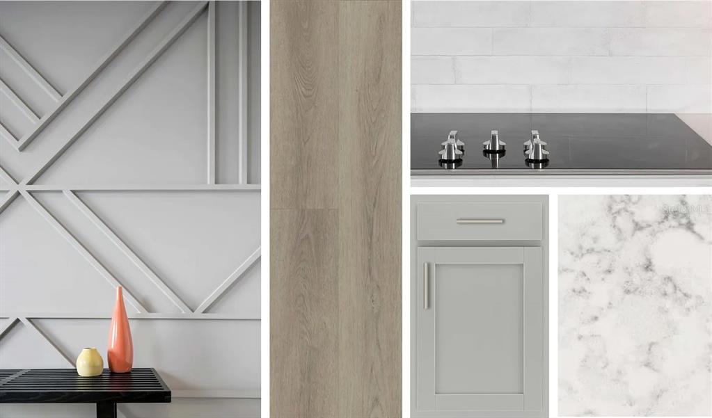 This is a digital rendering of interior design finishes including cabinetry, flooring, countertops, and wall molding — 7542 DEER VALLEY CIRCLE, TAMPA, FL