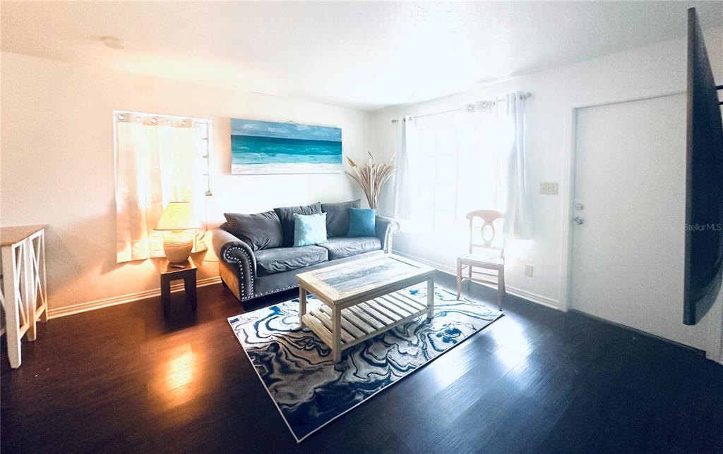 A living room features a gray sofa, a coffee table, and a blue area rug — 4716 W WISCONSIN AVENUE, TAMPA, FL