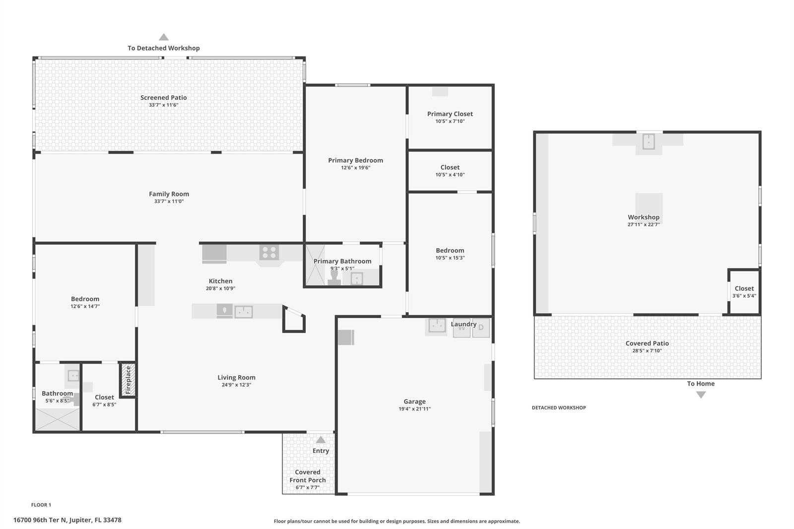 This floor plan shows a house with a garage, detached workshop, and multiple outdoor patios — 16700 96th Terrace N, Jupiter FL 33478, JUPITER, FL