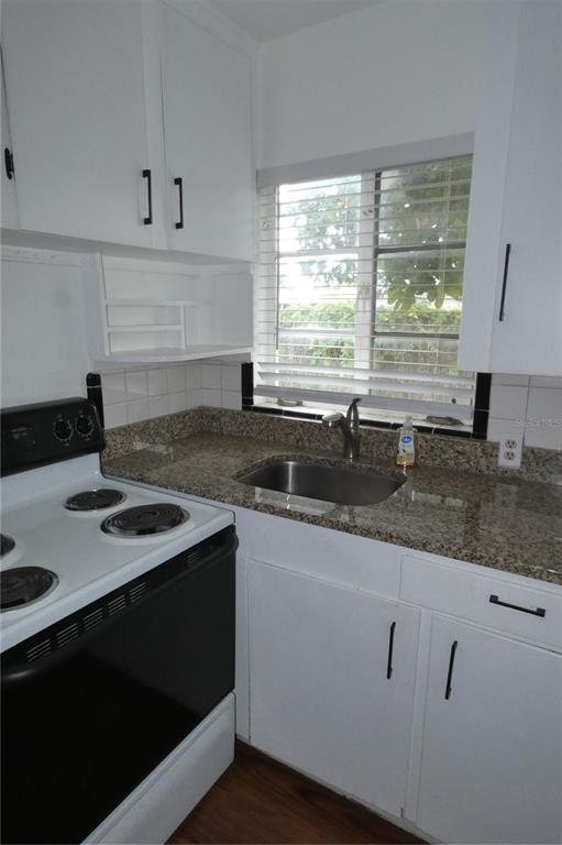 A kitchen features white cabinets, granite countertops, a stainless steel sink, and a black stove — 2567 15TH AVENUE N UNIT 2, ST PETERSBURG, FL