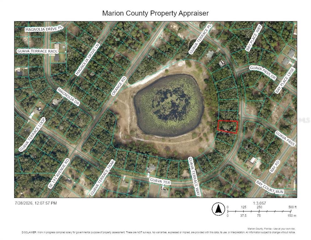 This is a property appraiser map showing a parcel highlighted in red near a lake — TBD GUAVA TERRACE, OCKLAWAHA, FL
