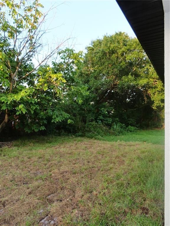A view of a grassy backyard with trees and a portion of a roof overhang — 4525 RALEIGH STREET, ORLANDO, FL
