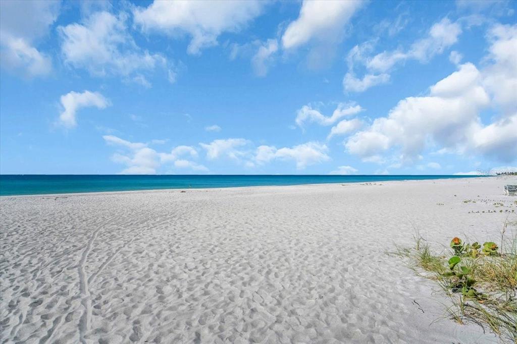 A wide, sandy beach meets the blue ocean under a bright, partly cloudy sky — 5841 GULF OF MEXICO DRIVE UNIT 244, LONGBOAT KEY, FL