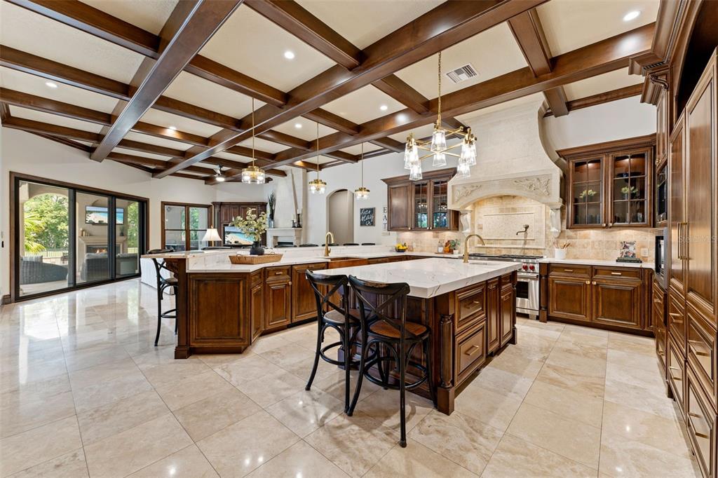 A spacious kitchen features dark wood cabinetry, a large marble-topped island, and coffered wood ceilings — 6004 WINDHAM PLACE, TAMPA, FL