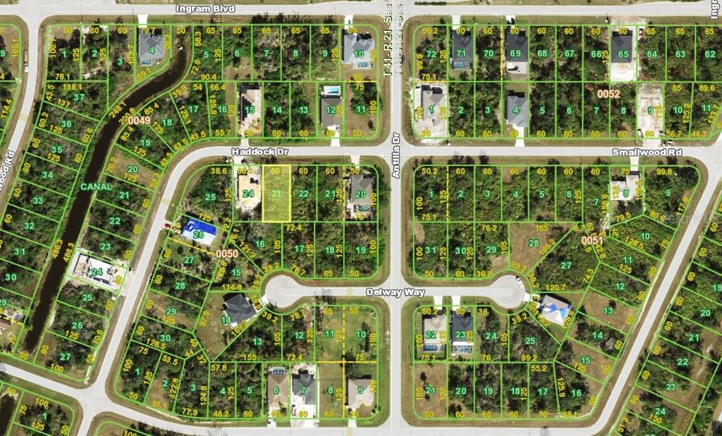 This is a satellite map showing residential lots and streets in a suburban neighborhood — 175 HADDOCK DRIVE, ROTONDA WEST, FL