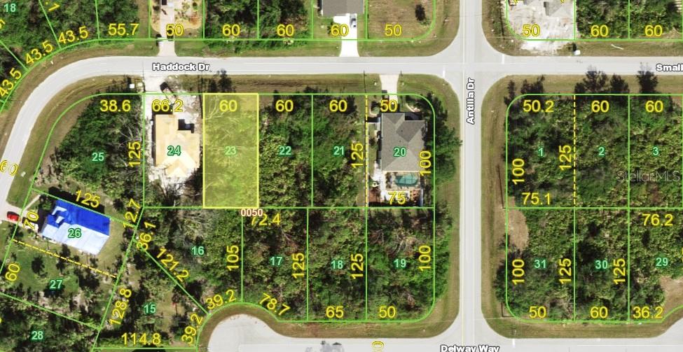 This is a satellite map showing residential lots and street layouts in a neighborhood — 175 HADDOCK DRIVE, ROTONDA WEST, FL