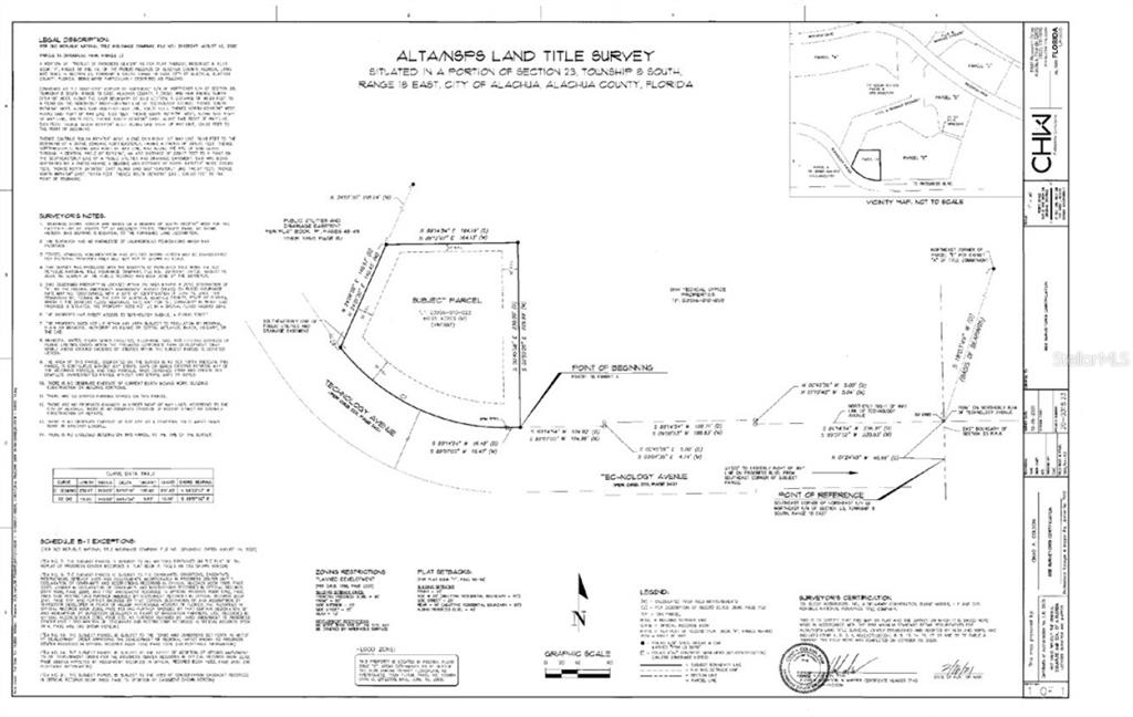 This is a land title survey map showing the boundaries and legal description of a parcel — TECHNOLOGY AVENUE, ALACHUA, FL