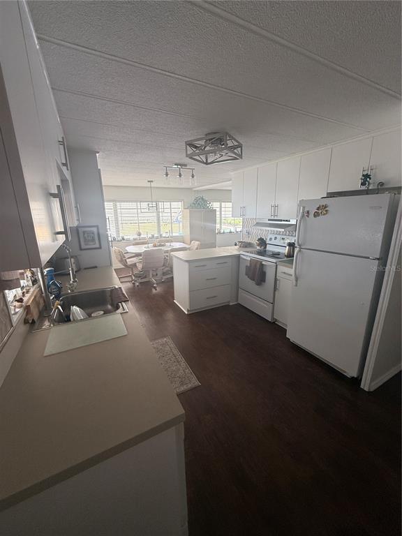 A kitchen with white cabinets, a white refrigerator, and dark wood-look flooring — 7880 54TH AVENUE N UNIT 125, ST PETERSBURG, FL