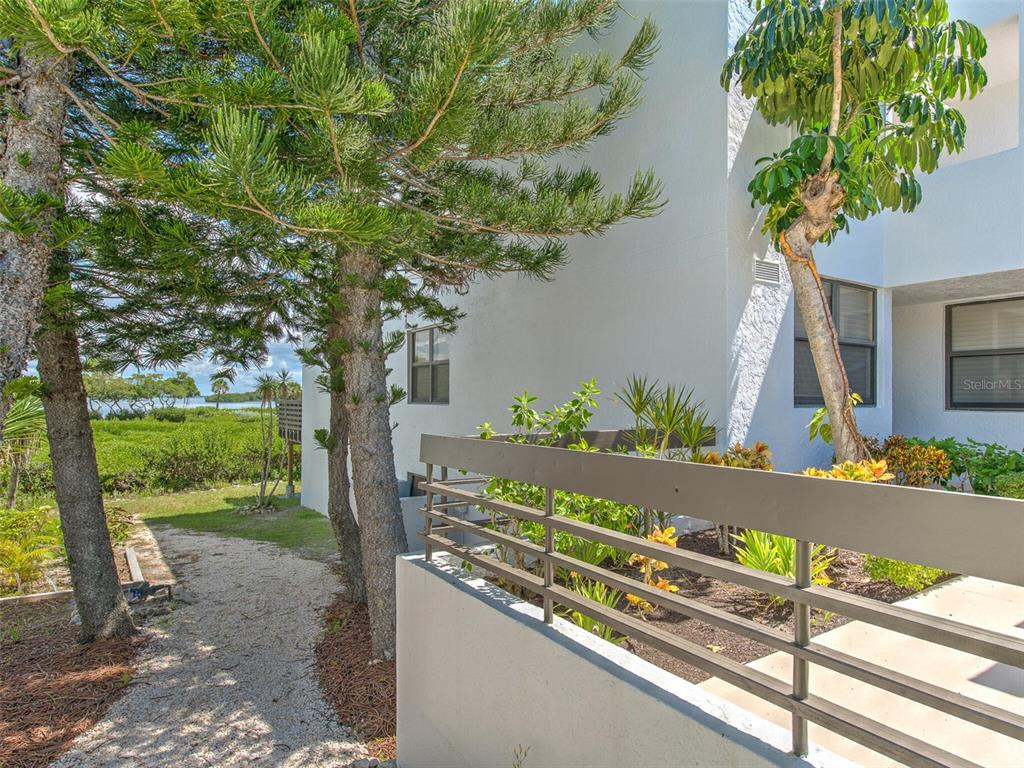 A gravel path leads past a white building with a metal railing and pine trees — 817 BAYPORT WAY UNIT 817, LONGBOAT KEY, FL