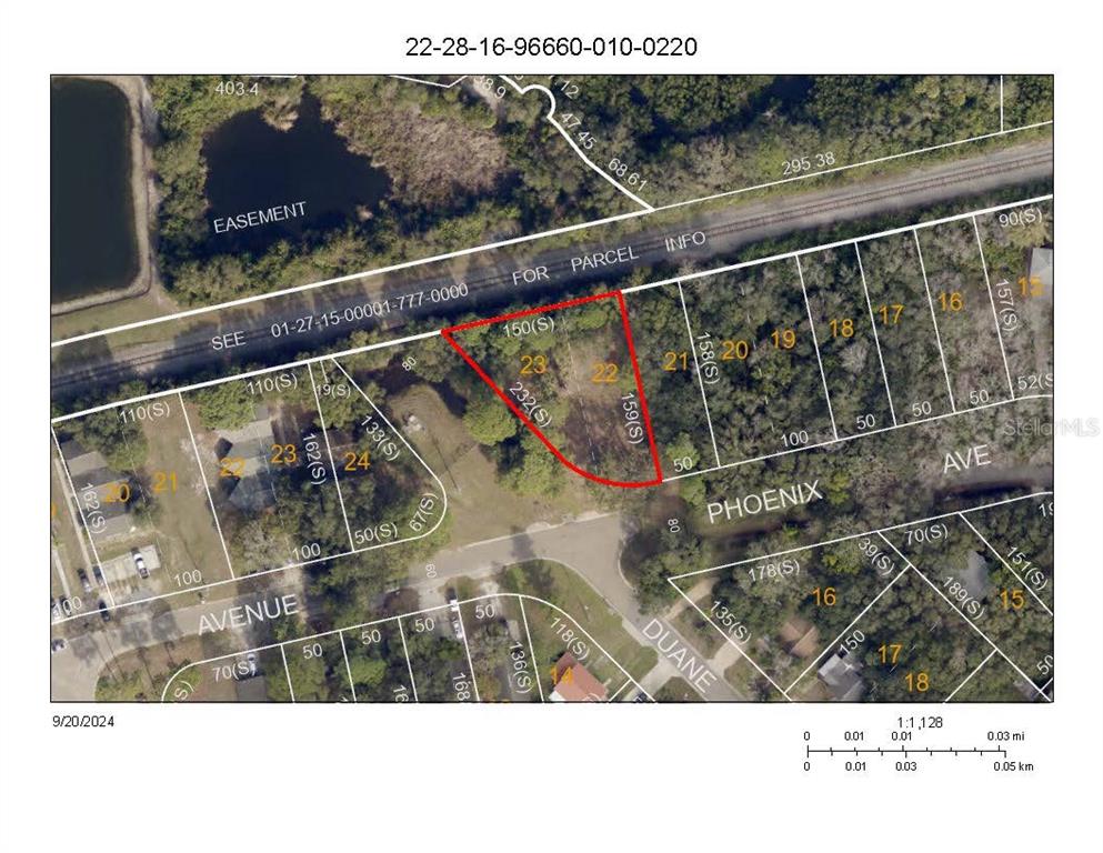 This is a property tax map showing parcel boundaries and dimensions for a residential area — 222 W STATE ROAD 434, LONGWOOD, FL
