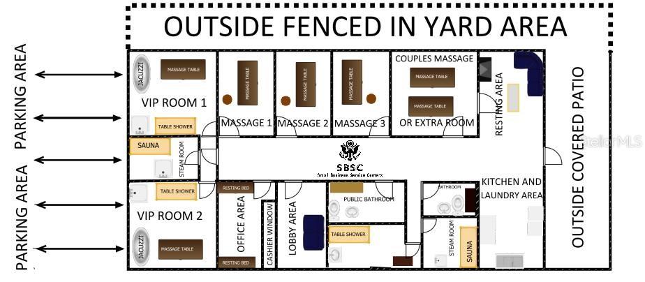 This floor plan shows a commercial spa layout with multiple massage rooms, bathrooms, and amenities — 222 W STATE ROAD 434, LONGWOOD, FL
