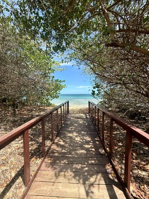 A wooden boardwalk leads through trees toward a view of the ocean — 457 CHALETS DE LA PLAYA UNIT 457, VEGA BAJA, PR