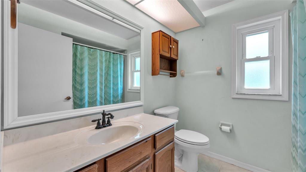 A bathroom features a wooden vanity, a large mirror, a toilet, and a shower curtain — 6236 RAVEN RUN, LAKELAND, FL