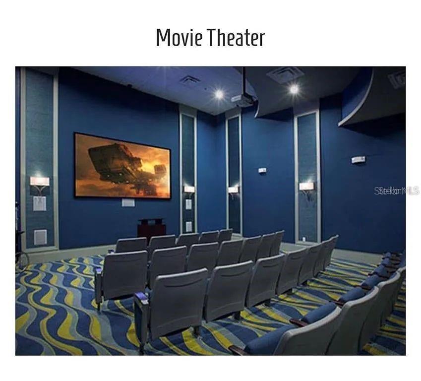 A home movie theater features rows of gray seats, blue walls, and patterned carpeting — 811 OCEAN COURSE AVENUE UNIT 811, DAVENPORT, FL