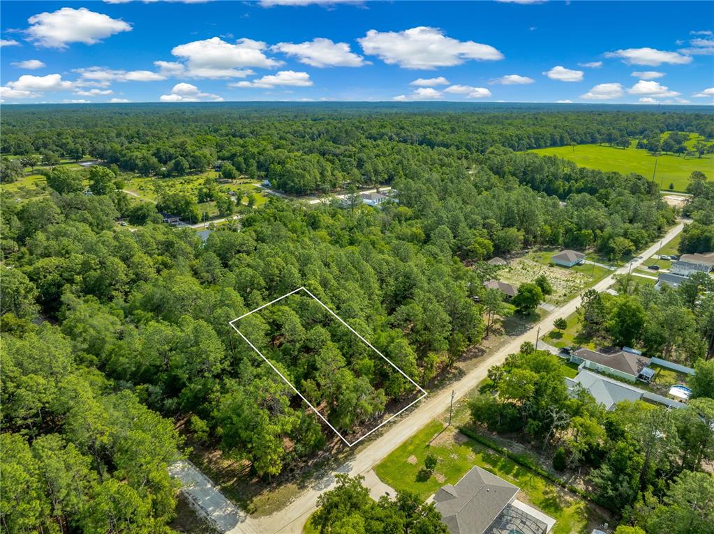 An aerial view shows a rectangular, wooded vacant lot outlined in white along a road — SW 18TH PLACE, OCALA, FL