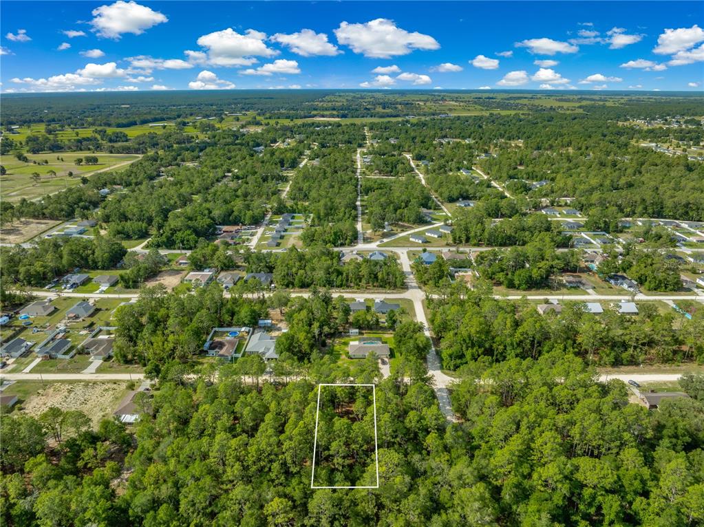 An aerial view shows a rectangular plot of land outlined in white amidst wooded surroundings — SW 18TH PLACE, OCALA, FL