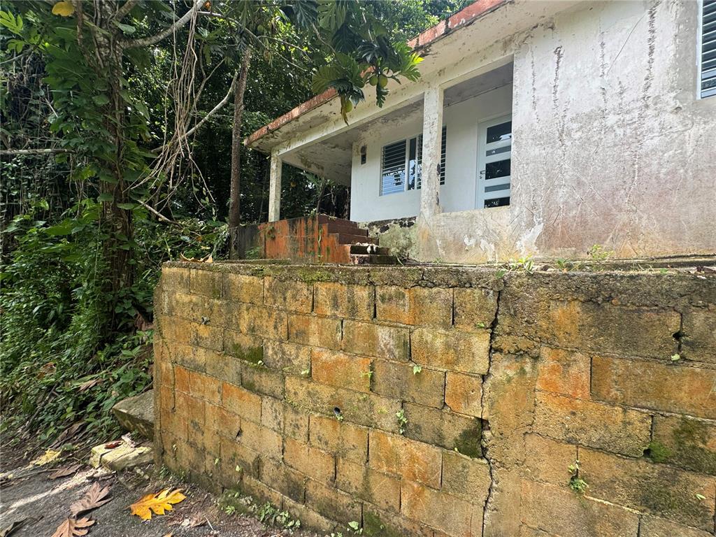 A weathered concrete house sits atop a retaining wall with a visible vertical crack — Carr 123 KM 64.5 BO CANIACO, UTUADO, PR